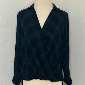 GB Blue Green Black Plaid Wrap Top S Small like 2 4 6